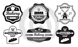 Bakery badges and labels set in old or vintage style. Design elements with bread symbol isolated on white background. Vector